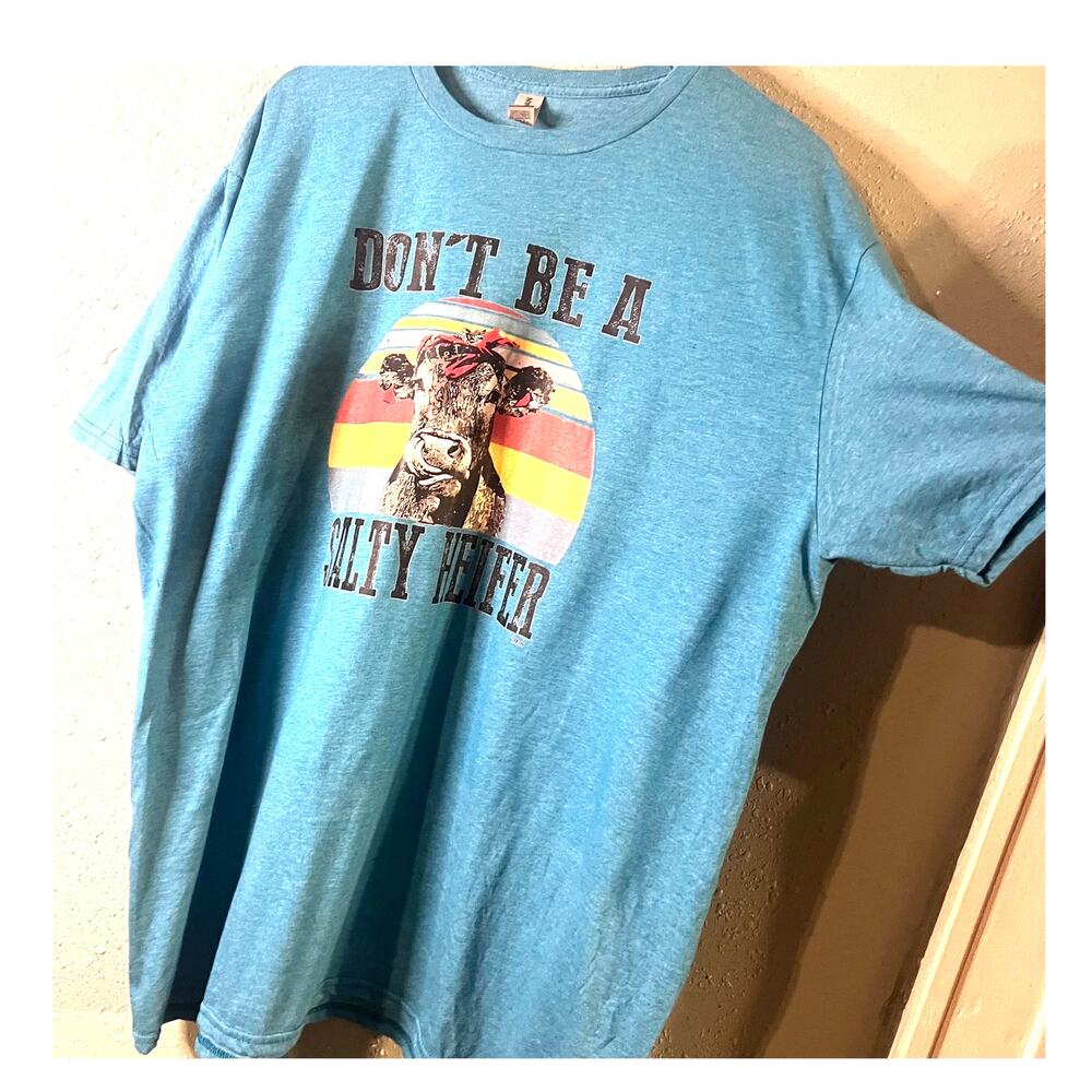 MissLook Women's T shirt Blue with cow "Dont Be A Salty Heifer" T shirt Sz XXL